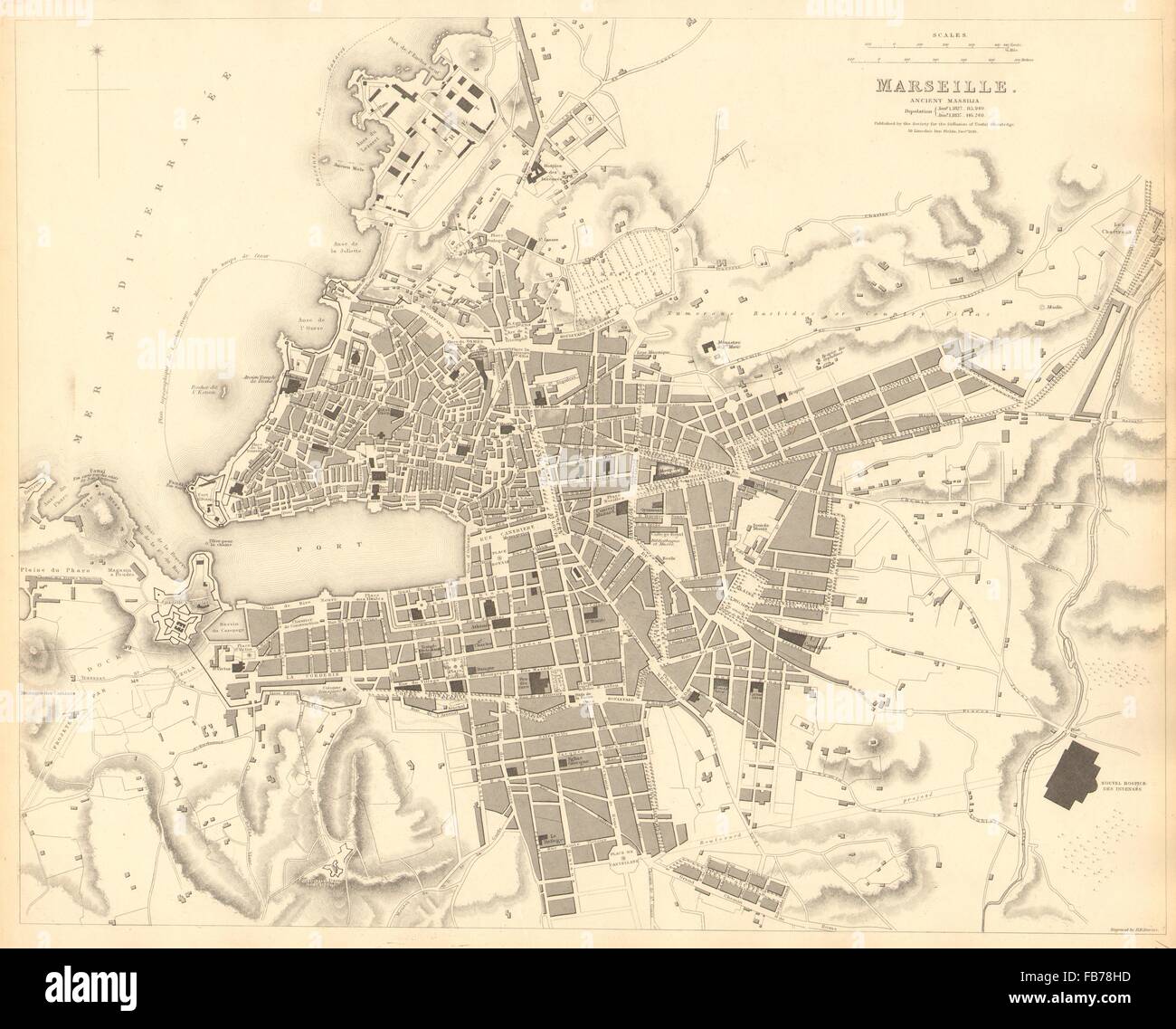 MARSEILLE: Antike Stadt Stadtplan. Antike Massilia. Marseille. SDUK, 1848 Stockfoto