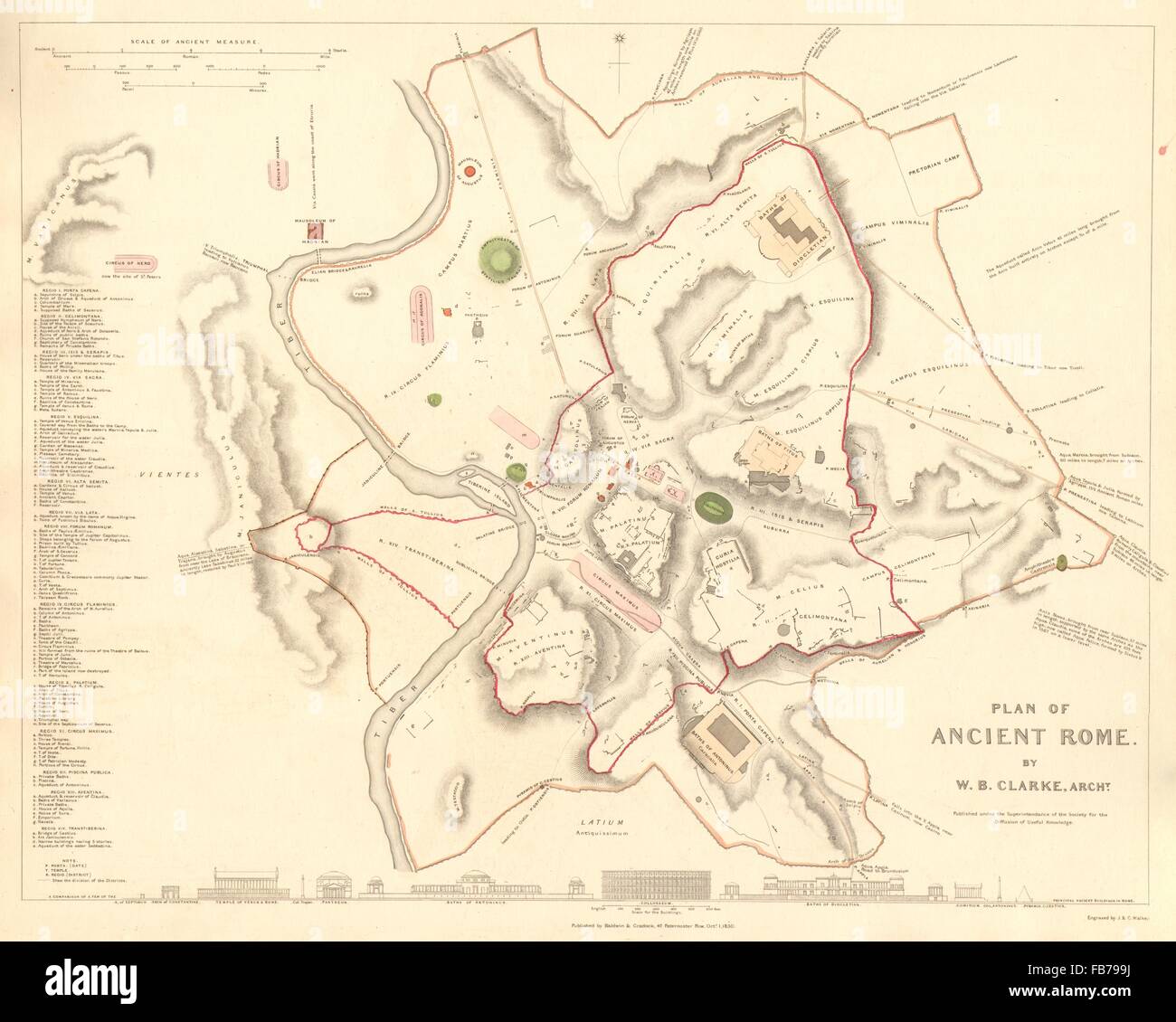 ANCIENT ROME ROMA: Antike Stadt Karte Stadtplan. Original Hand-Färbung. SDUK 1848 Stockfoto