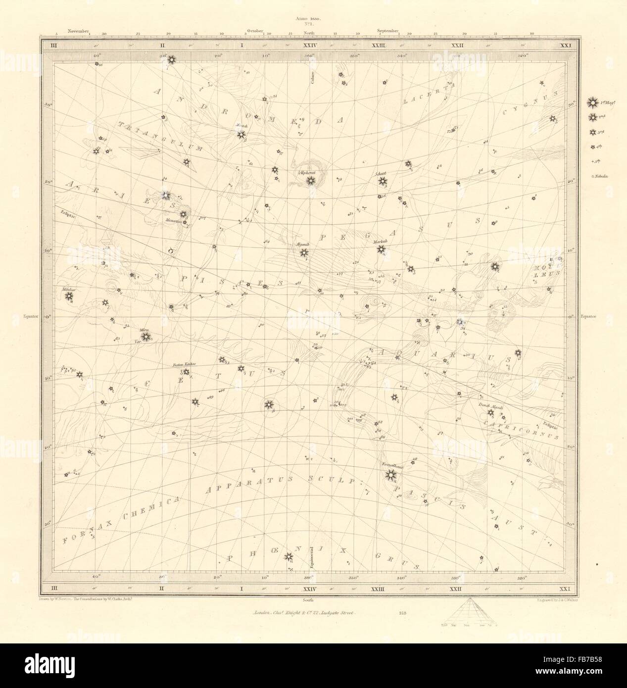 Astronomie-CELESTIAL: Sternenkarte. Sternenkarte, I. Frühlings-Tagundnachtgleiche. SDUK, 1848 Stockfoto
