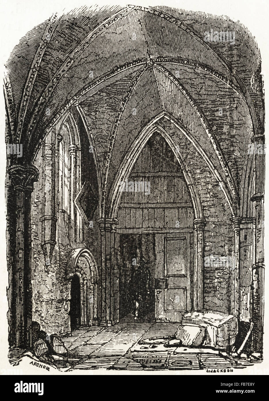 Norman arch in St Mary Overie aka Southwark Cathedral London. Viktorianischen Holzschnitt, Kupferstich, ca. 1845. Stockfoto