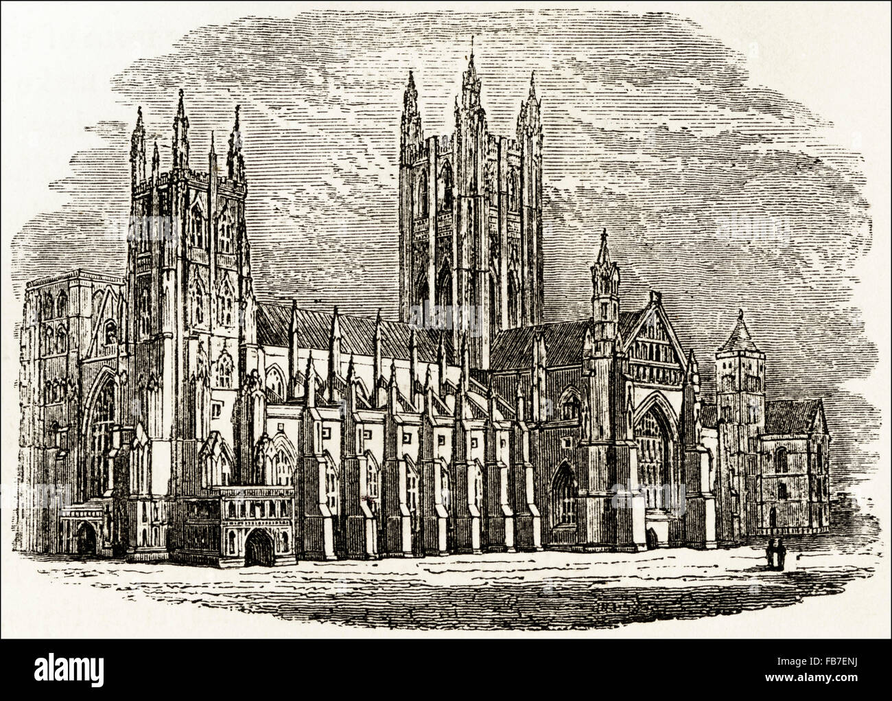 Canterbury Cathedral, bevor der Turm wieder aufgebaut wurde. Viktorianischen Holzschnitt, Kupferstich, ca. 1845. Stockfoto