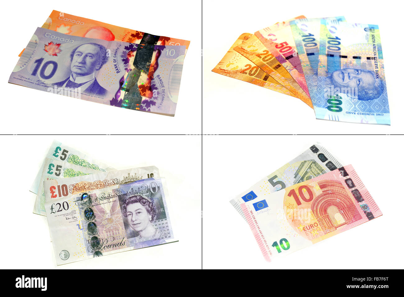 Kanadische, South African, britische und europäische Währungen vor einem weißen Hintergrund. Stockfoto