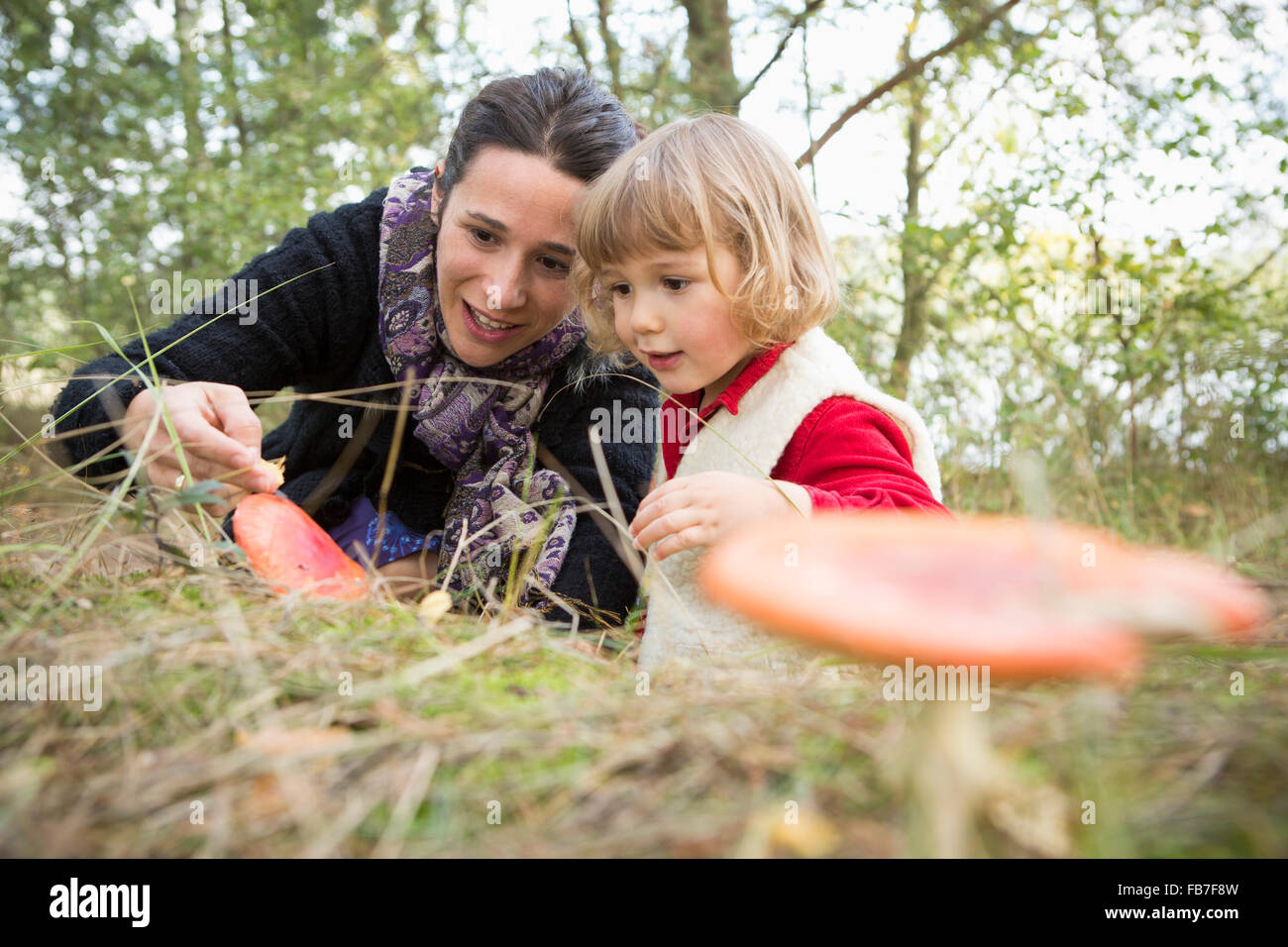 Mutter und Tochter entdecken Pilz auf Feld Stockfoto