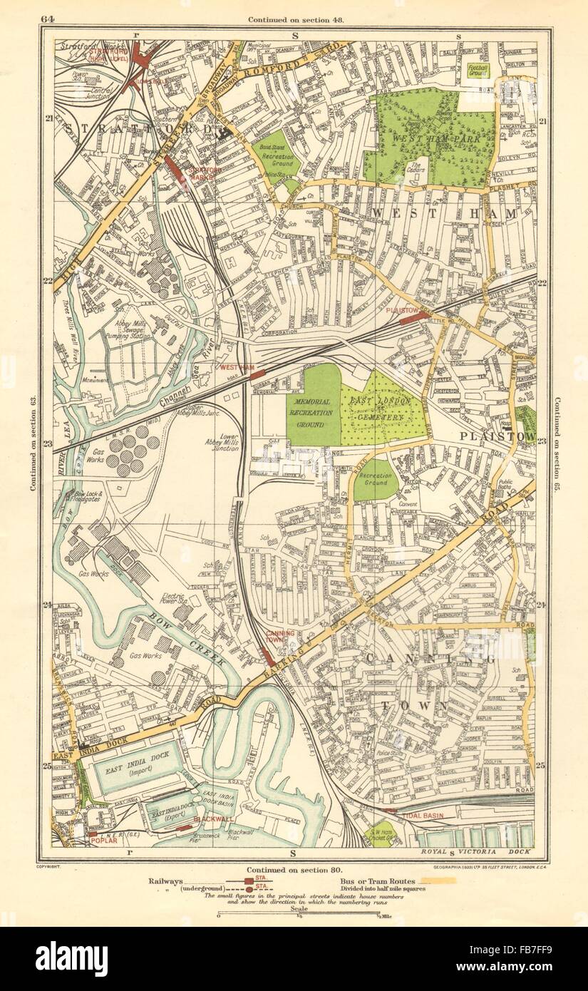 LONDON: Canning Town, Stratford, West Ham, Plaistow, Blackwall, Pappel, 1923 Karte Stockfoto