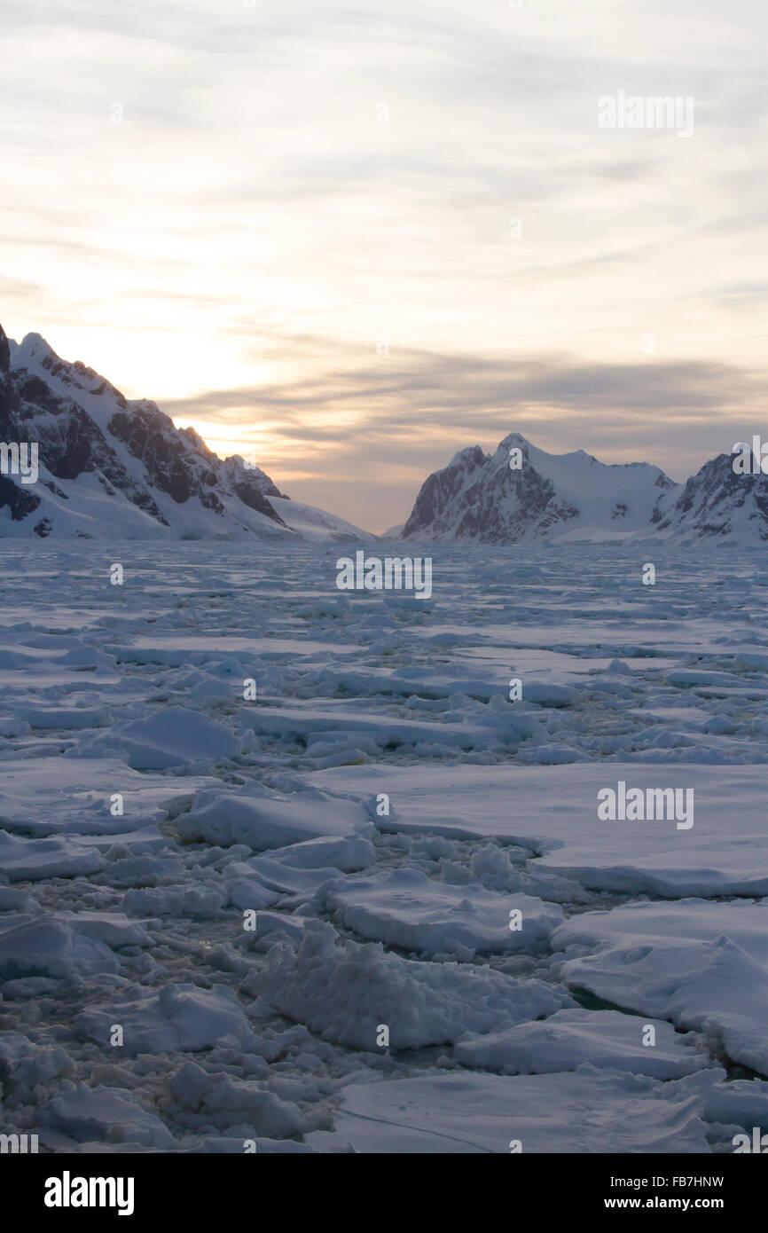 Sommer Sonnenuntergang über Pack Eisfeld in der Antarktis. Stockfoto