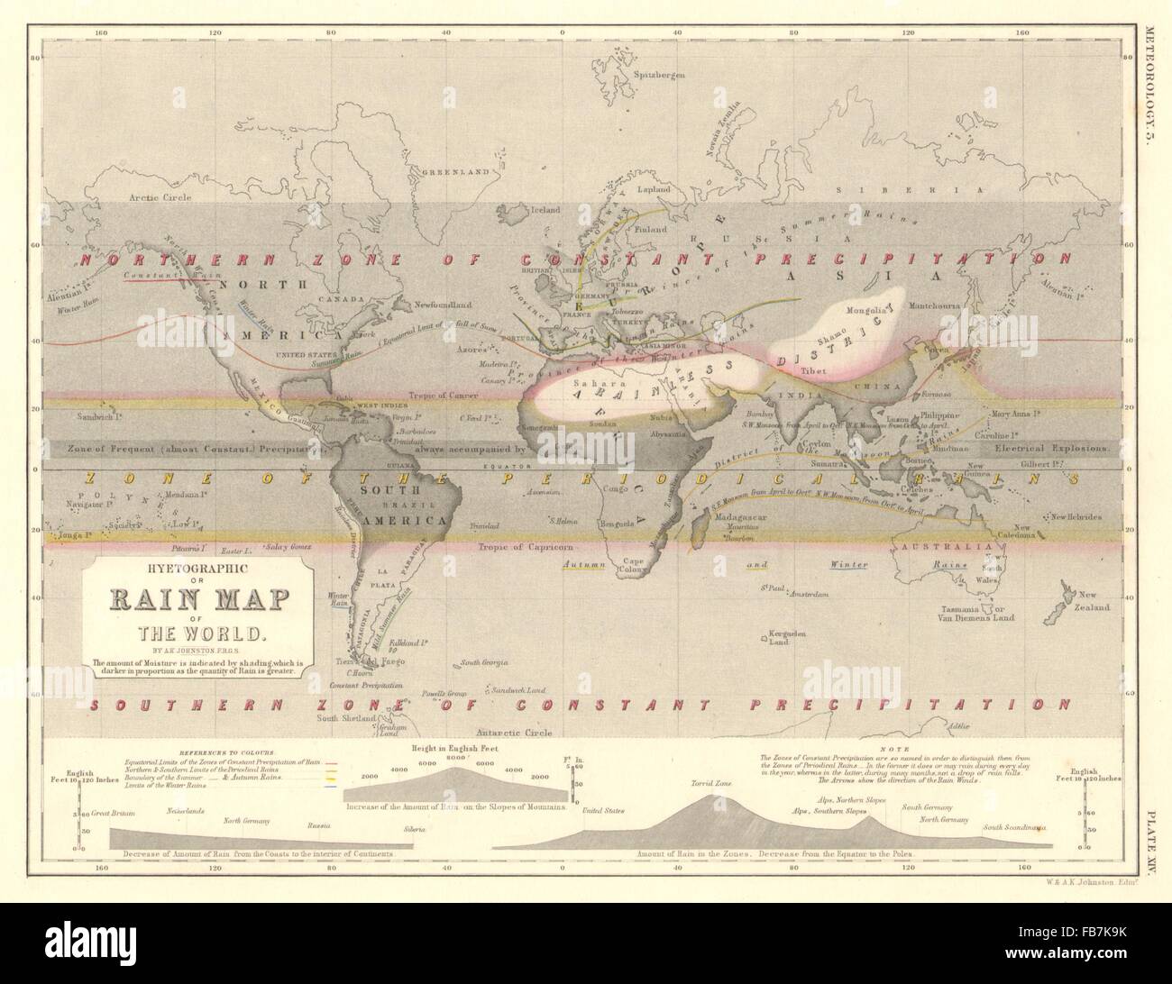 Welt: Regen oder Hyetographic Weltkarte, 1850 Stockfoto