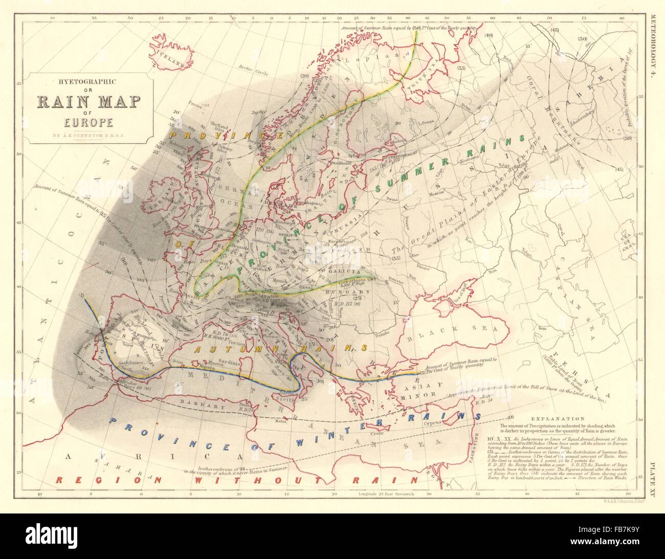 Europa: Hyetographic oder Regen Europakarte, 1850 Stockfoto