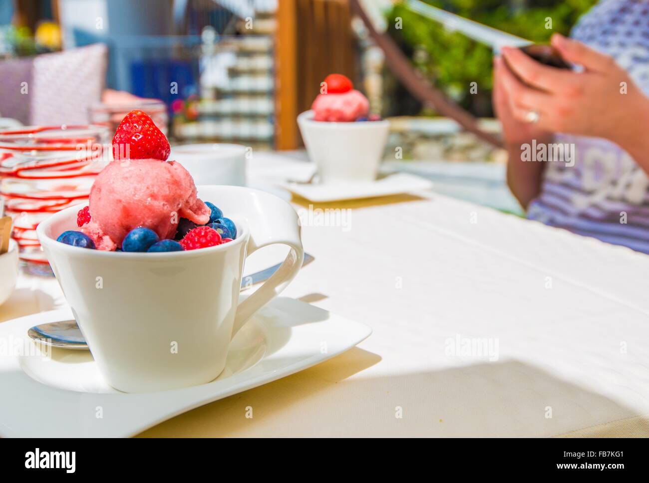 Delicious gefrorenen Joghurt mit Beeren-Früchten. Dessert-Zeit. Zwei gefrorenen Joghurt Eis am Tisch im Restaurant. Stockfoto