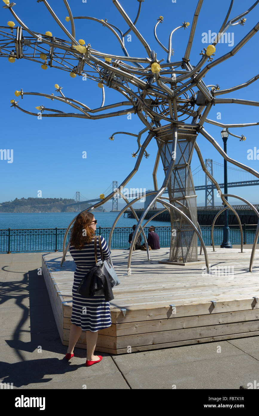 Die flammende soma-Installation von lotus Girls (FLG) vor der Bay Bridge, San Francisco CA Stockfoto