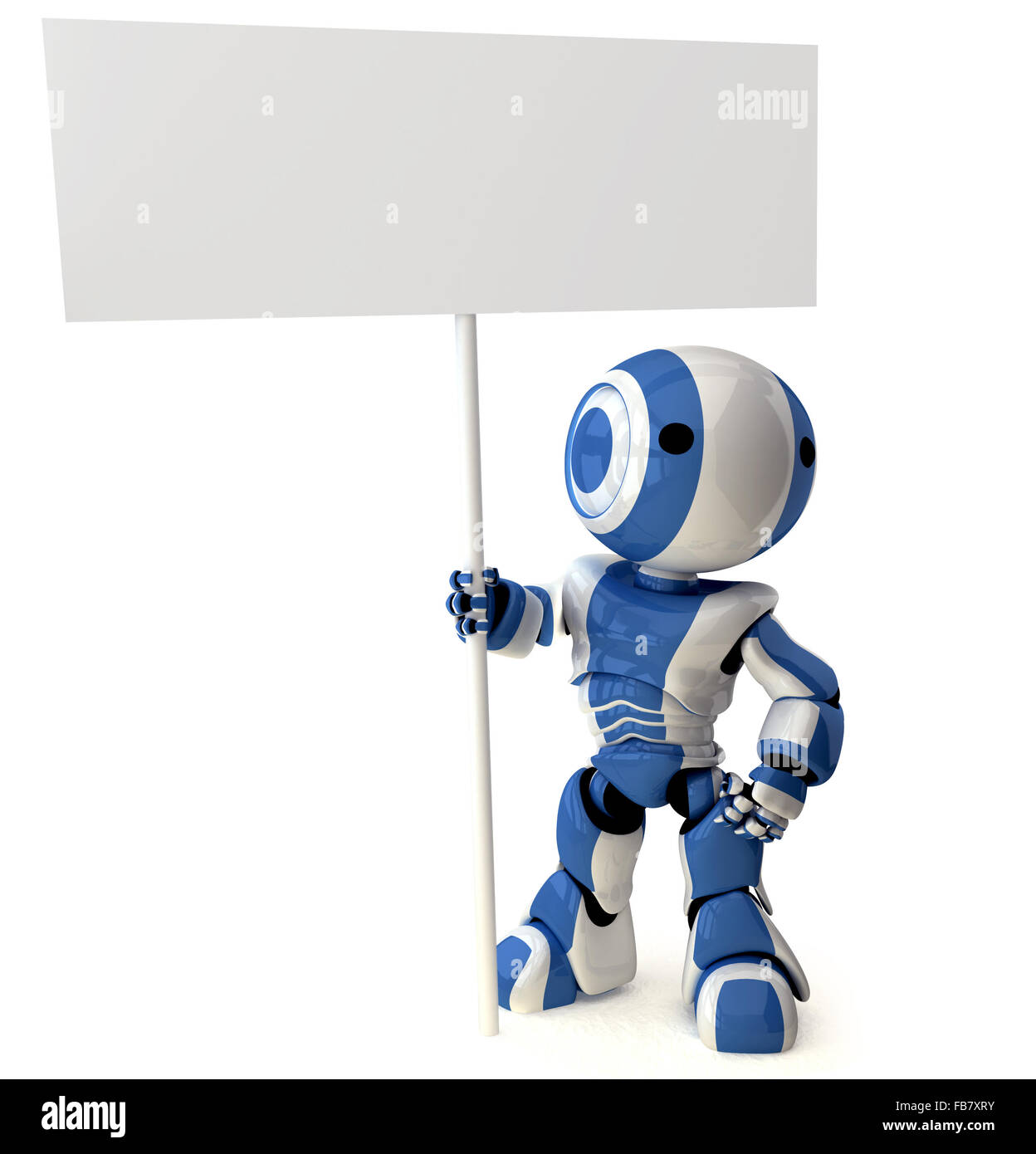 Eine glänzende Roboter stehen mit einem Schild. Bereich auf Zeichen für Ihren eigenen Entwurf leer gelassen. Stockfoto