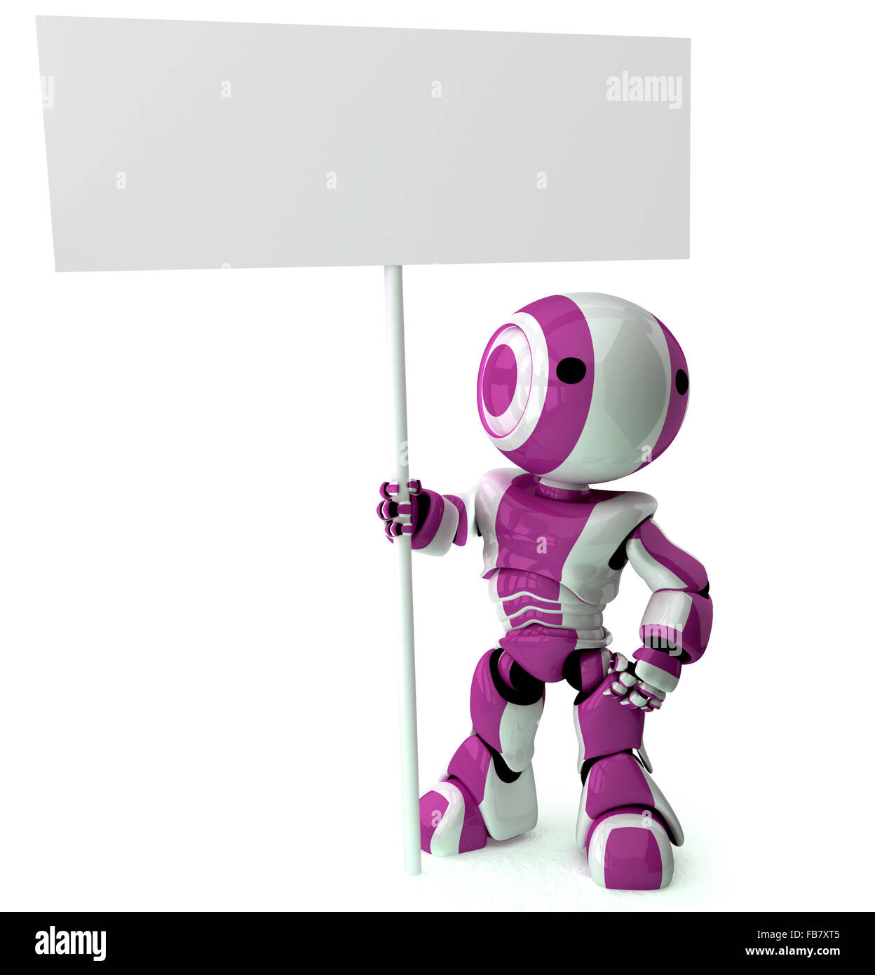 Eine glänzende Roboter stehen mit einem Schild. Bereich auf Zeichen für Ihren eigenen Entwurf leer gelassen. Stockfoto