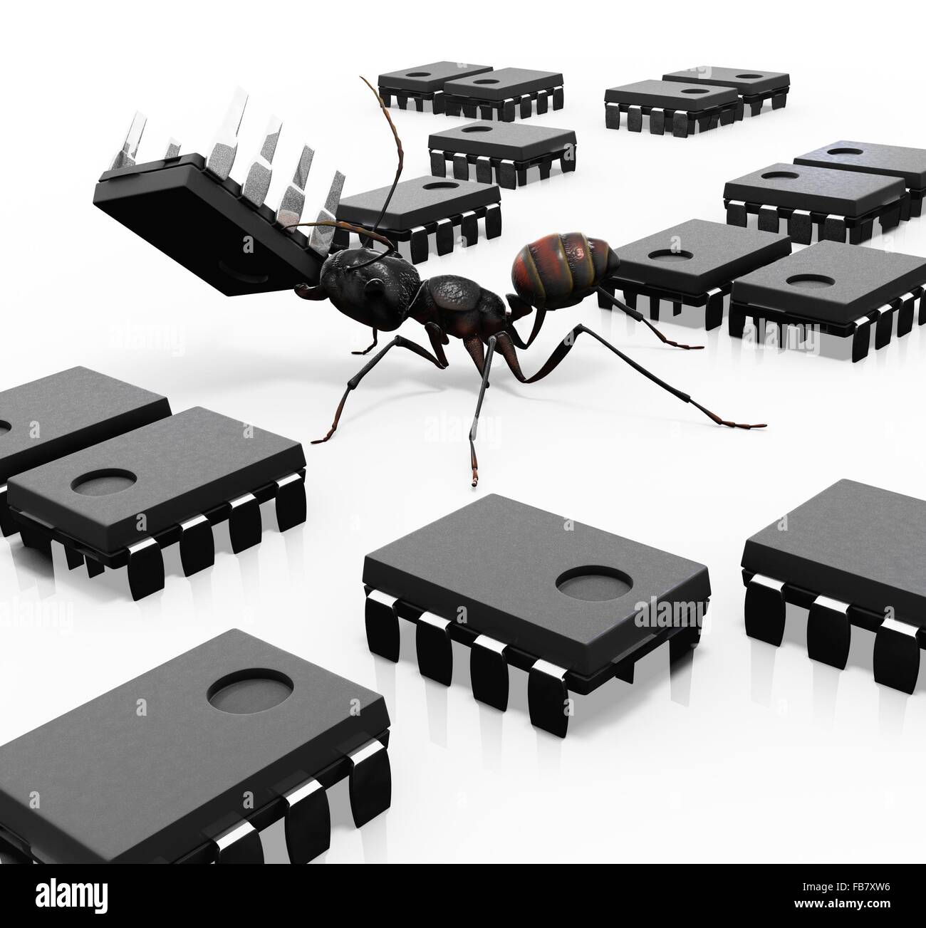 Eine Ameise sorgfältig Organisieren von Mikrochips. Er ist ein Bug, wodurch eine interessante Spin auf dem alten 'Bug' Konzeption. Stockfoto