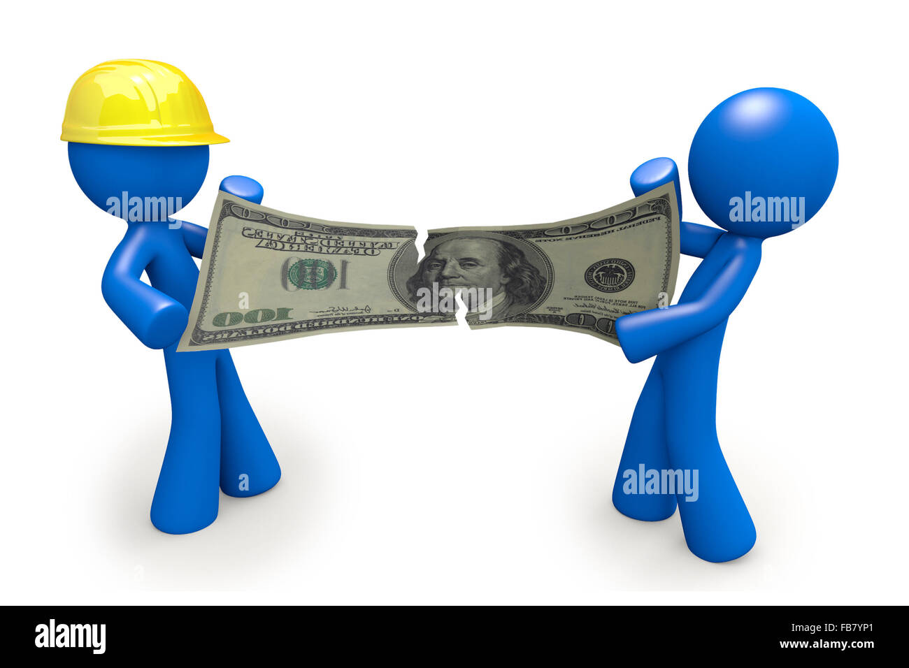 Kunden, die versuchen, über hundert Dollar Bill mit Auftragnehmer zu kämpfen. Ist der Kunde zu billig, oder ist der Auftragnehmer, die Gier. Stockfoto