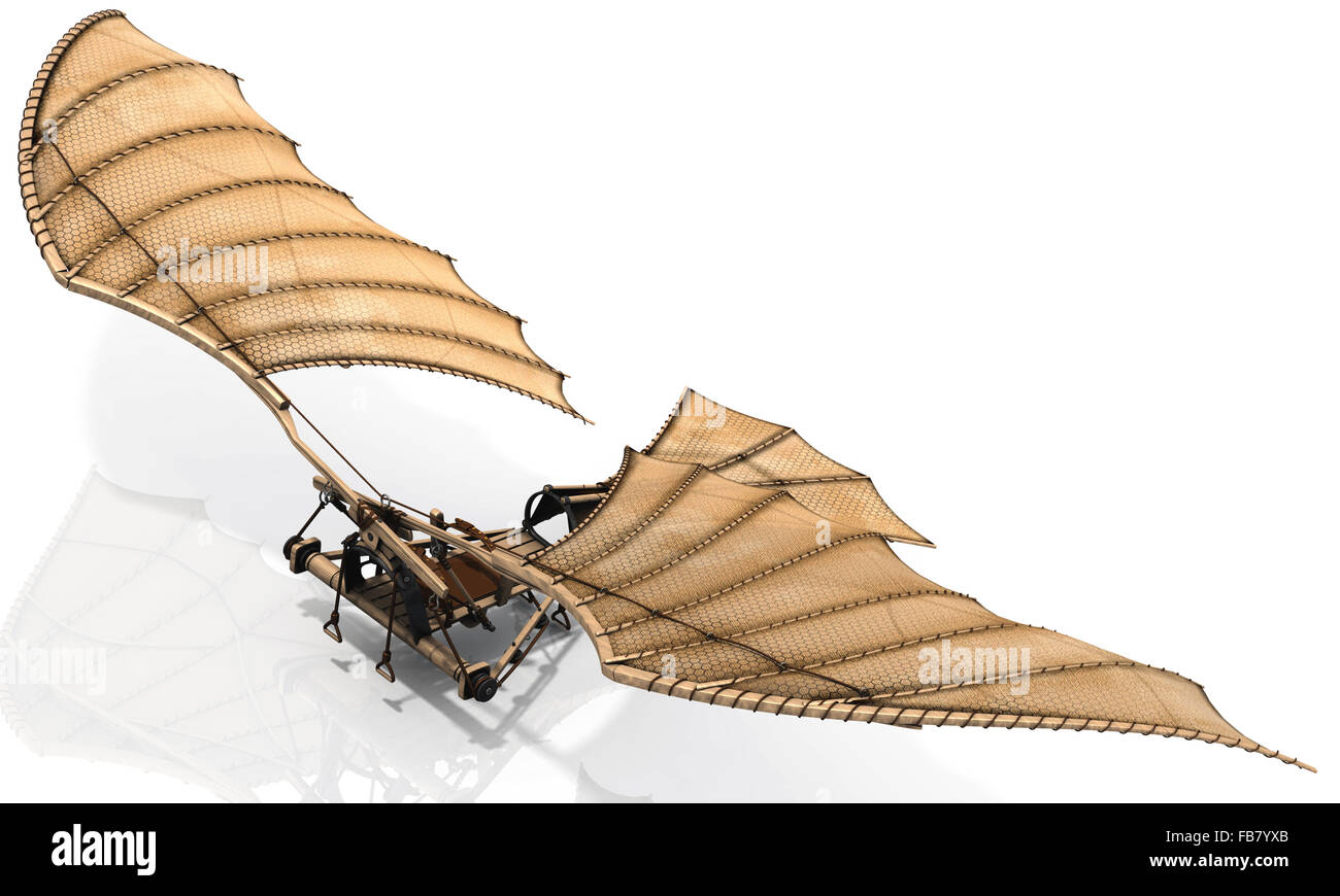 Die klassische Leonardo da Vinci fliegende Maschine, andernfalls bekannt als ornithopter. Gedanken zu schwelgen! An ihr Geben. Stockfoto
