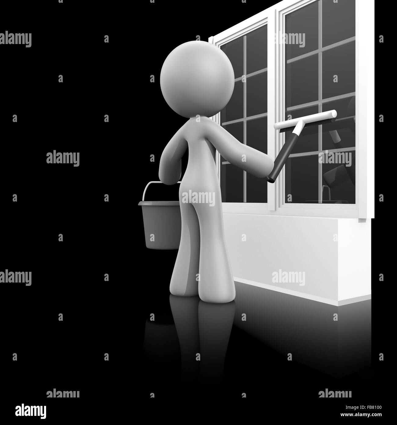 3D Dame mit Rakel Fensterputzen. Reflexion auf schwarzem Hintergrund. Stockfoto