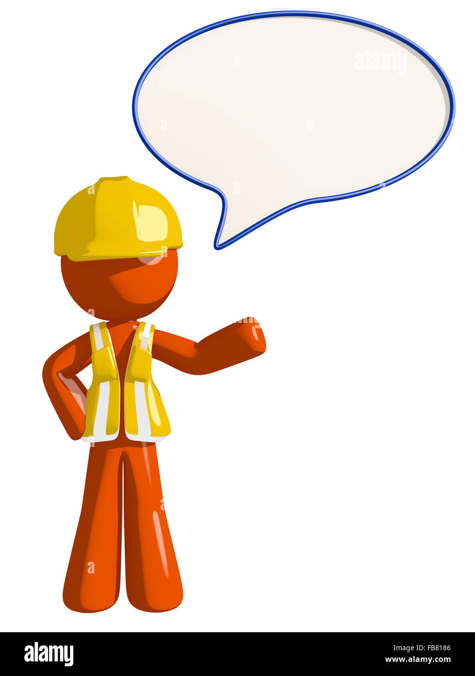 Orange mann Bauarbeiter Wort Blase. Stockfoto