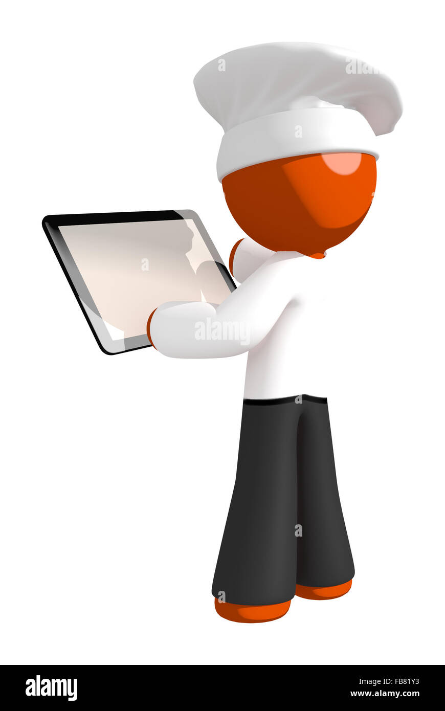 Orange mann Chefkoch Kontrolle Tablet. Stockfoto