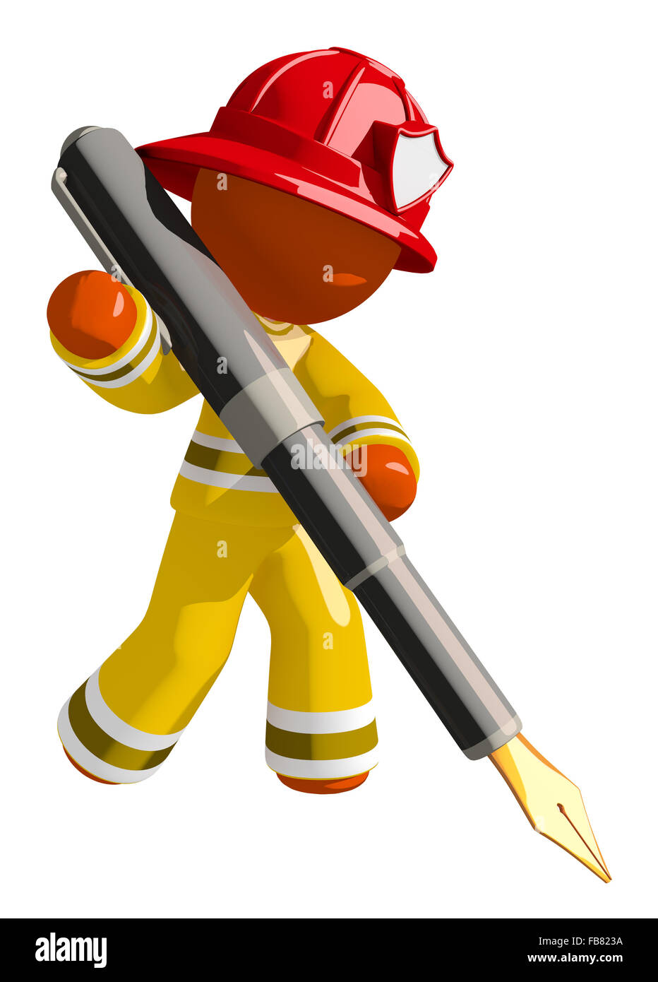 Orange mann Feuerwehrmann schreiben mit großen Füllfederhalter. Stockfoto