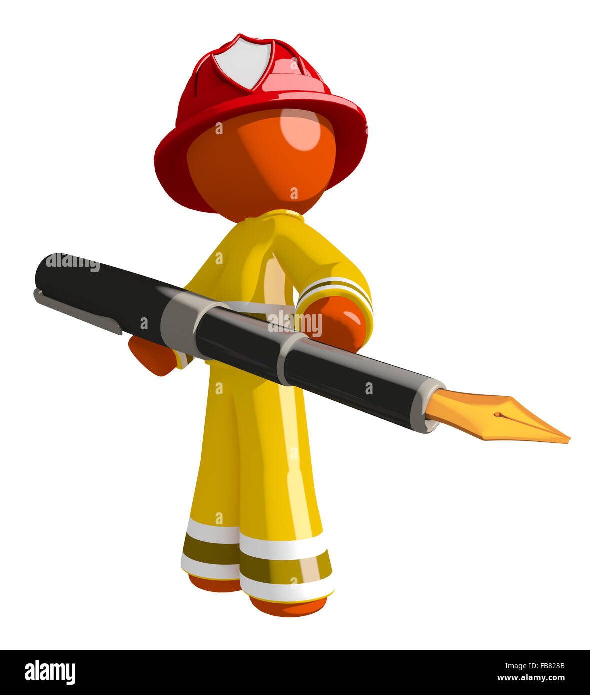 Orange mann Feuerwehrmann mit großen Füllfederhalter. Stockfoto