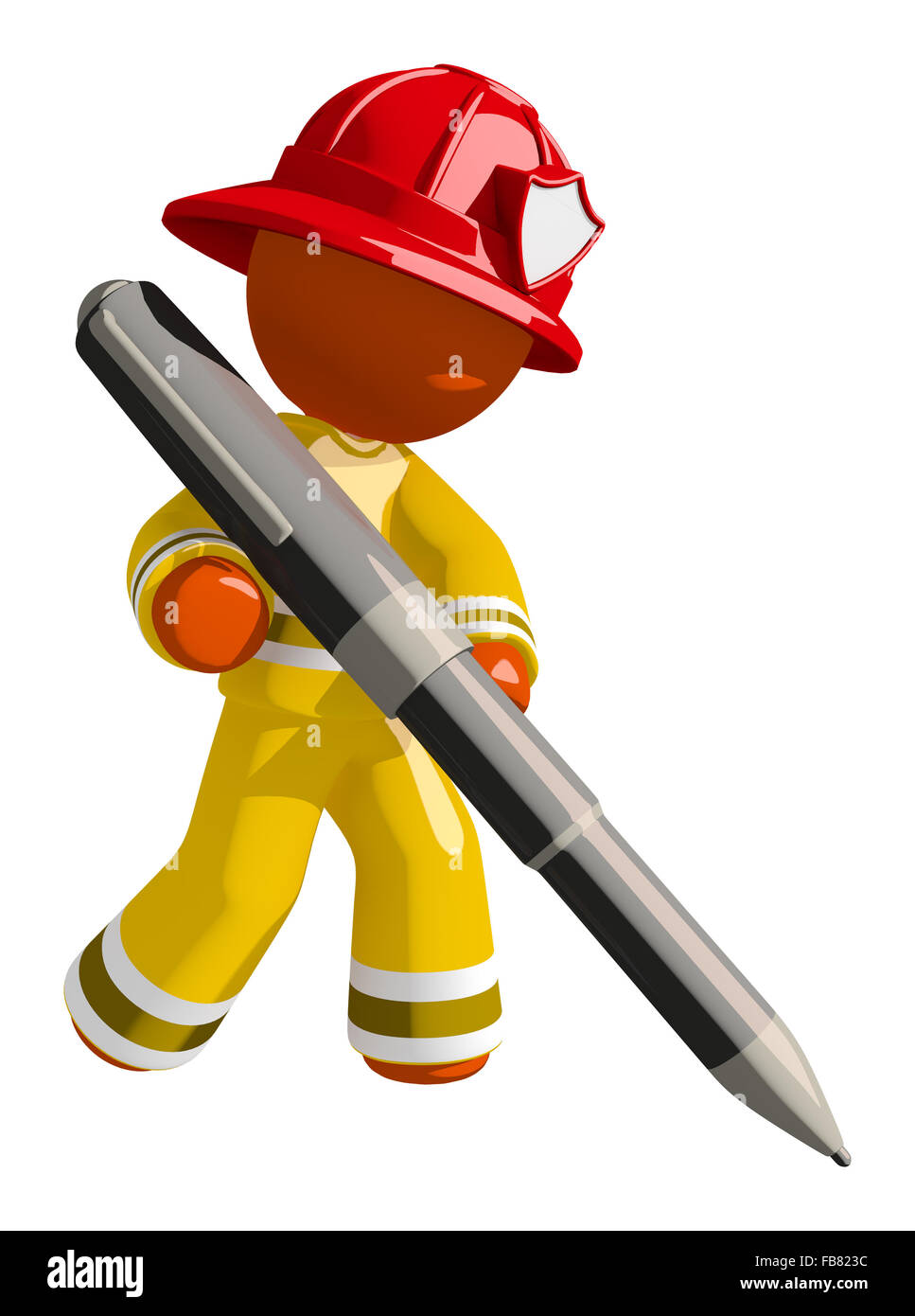 Orange mann Feuerwehrmann schreiben mit großen Pen. Stockfoto