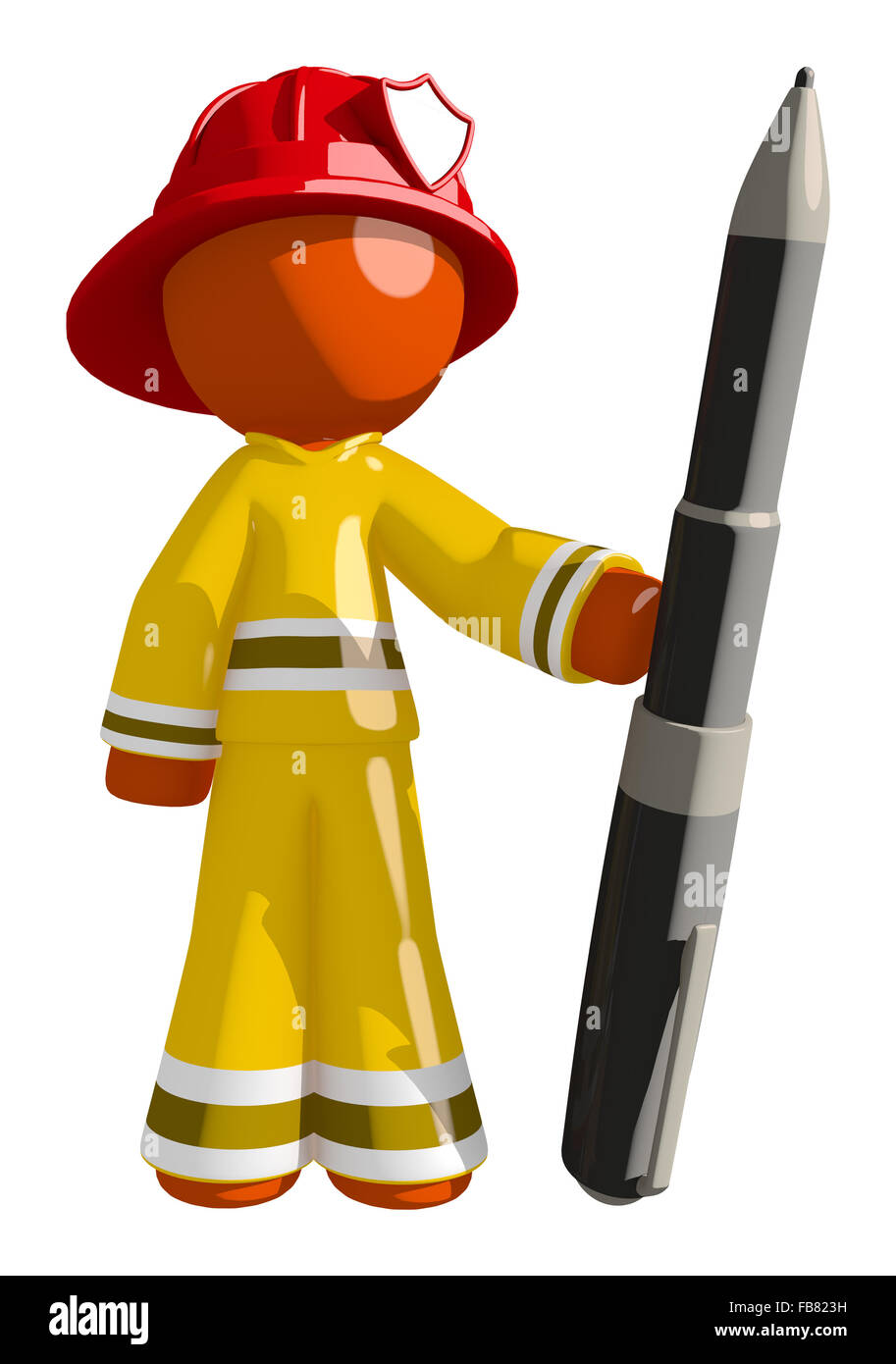 Orange mann Feuerwehrmann mit großen Pen. Stockfoto