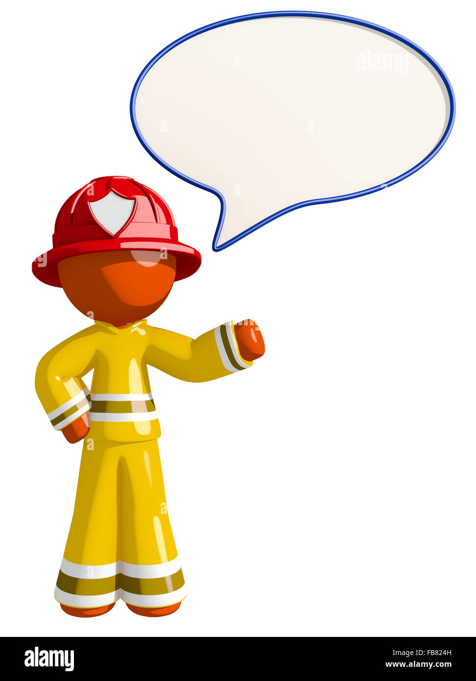 Orange mann Feuerwehrmann mit Wort Blase. Stockfoto