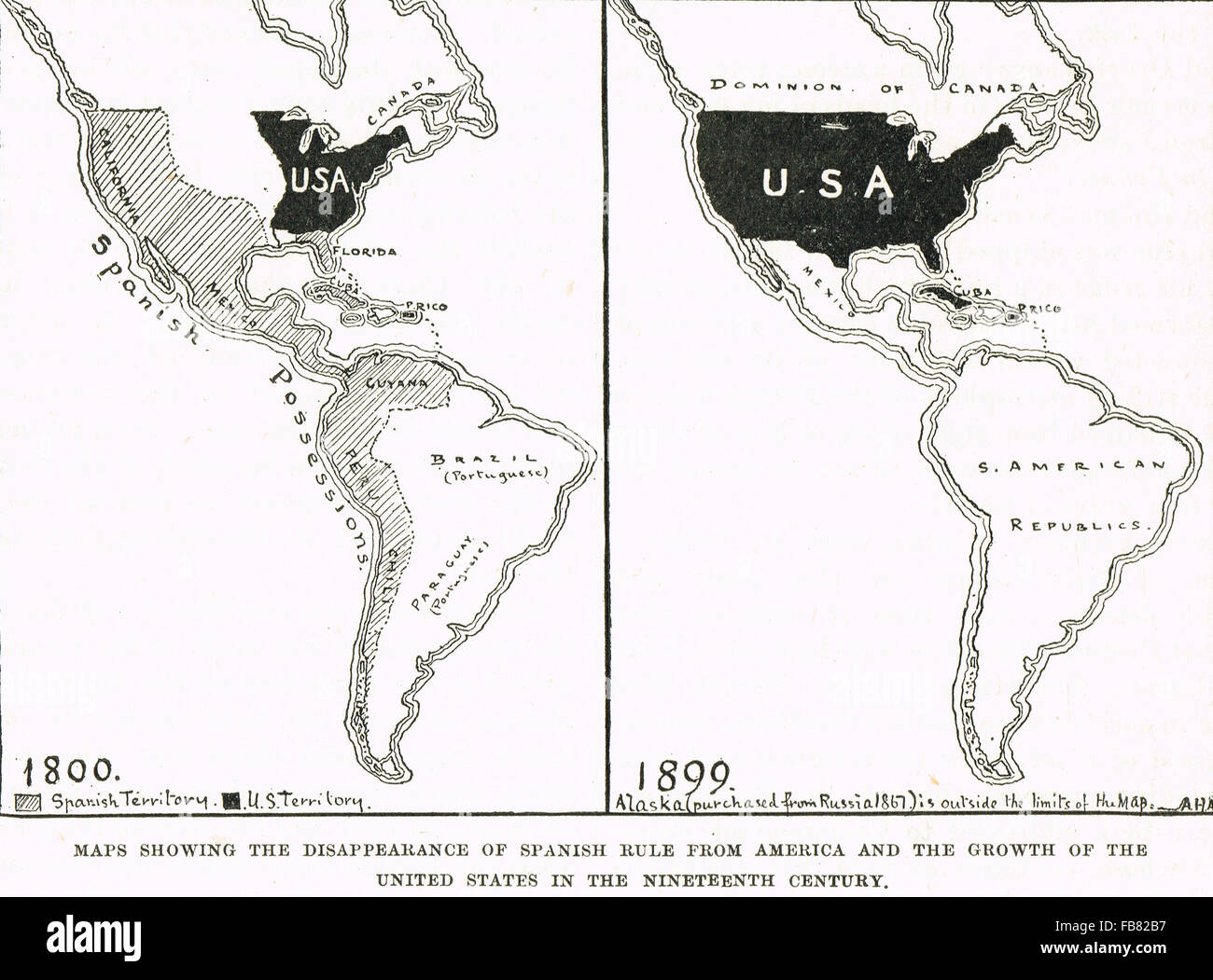 Karten, auf denen das Wachstum der Vereinigten Staaten von Amerika & den Niedergang des spanischen Rule1800-1899 Stockfoto