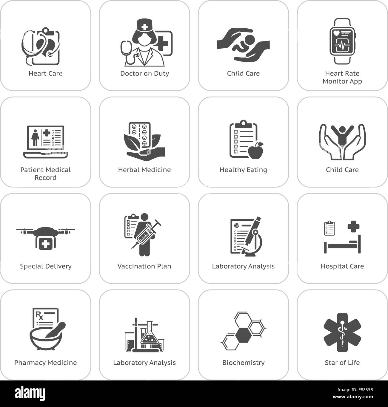 Medizin und Gesundheitswesen Icons Set. Flaches Design. Stock Vektor