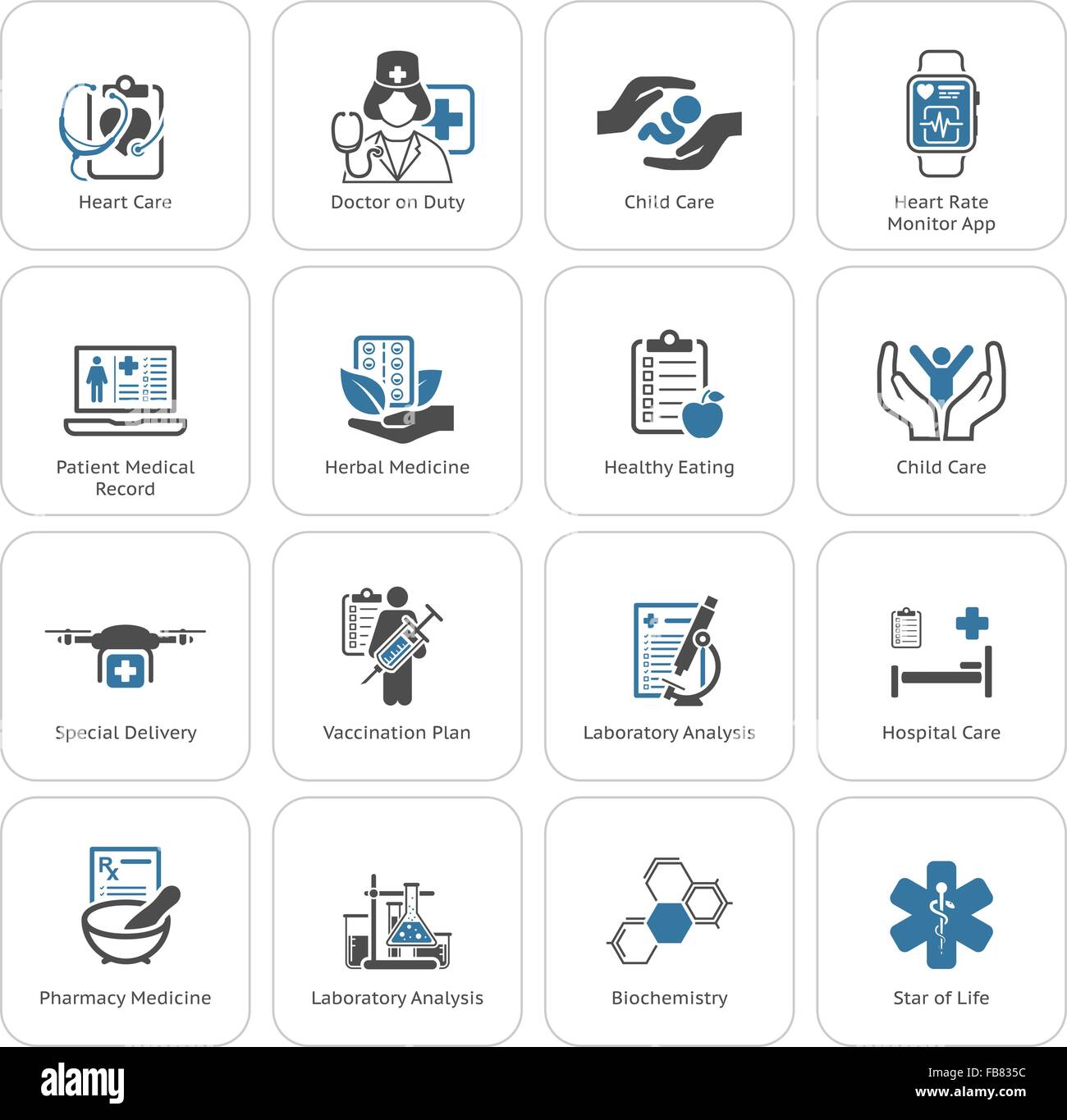Medizin und Gesundheitswesen Icons Set. Flaches Design. Stock Vektor