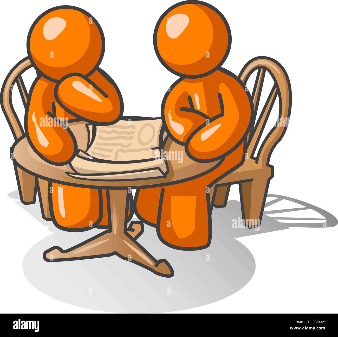Zwei orange Männer an einem Holztisch, ein Problem gemeinsam nachdenken. Stock Vektor