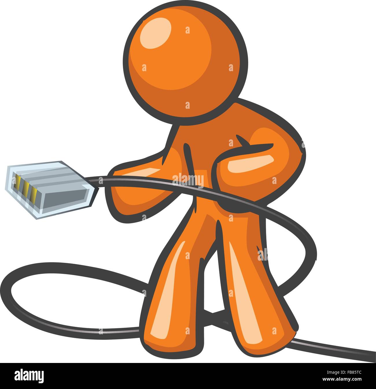 Orange Mann ein Netzwerkkabel bereit, high speed internet oder die Verbindung zu sein. Stock Vektor