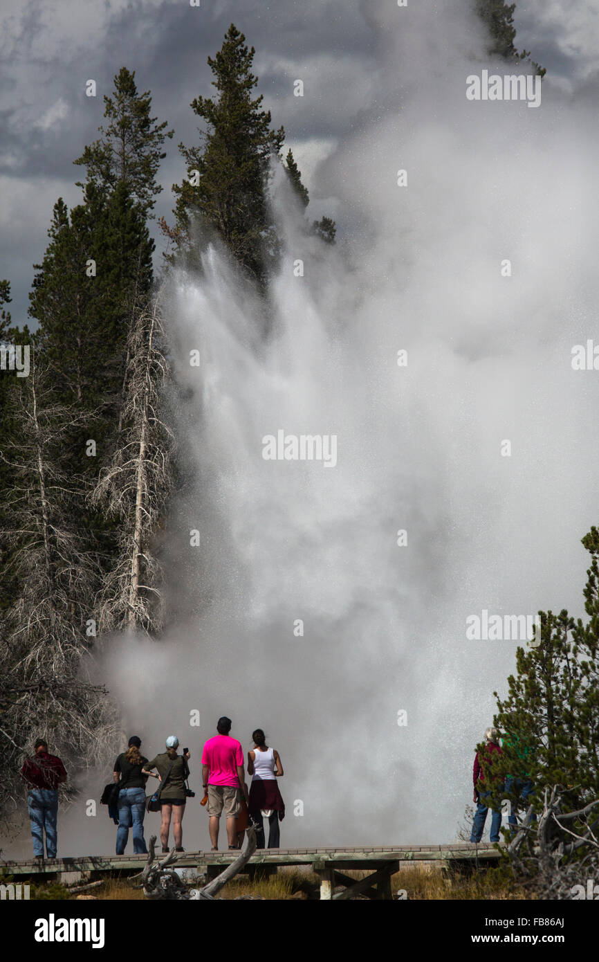 Grand Geysir ausbrechen in Upper Geyser Basin der Yellowstone-Nationalpark, Wyoming, mit Menschen beobachten das Spektakel. Stockfoto