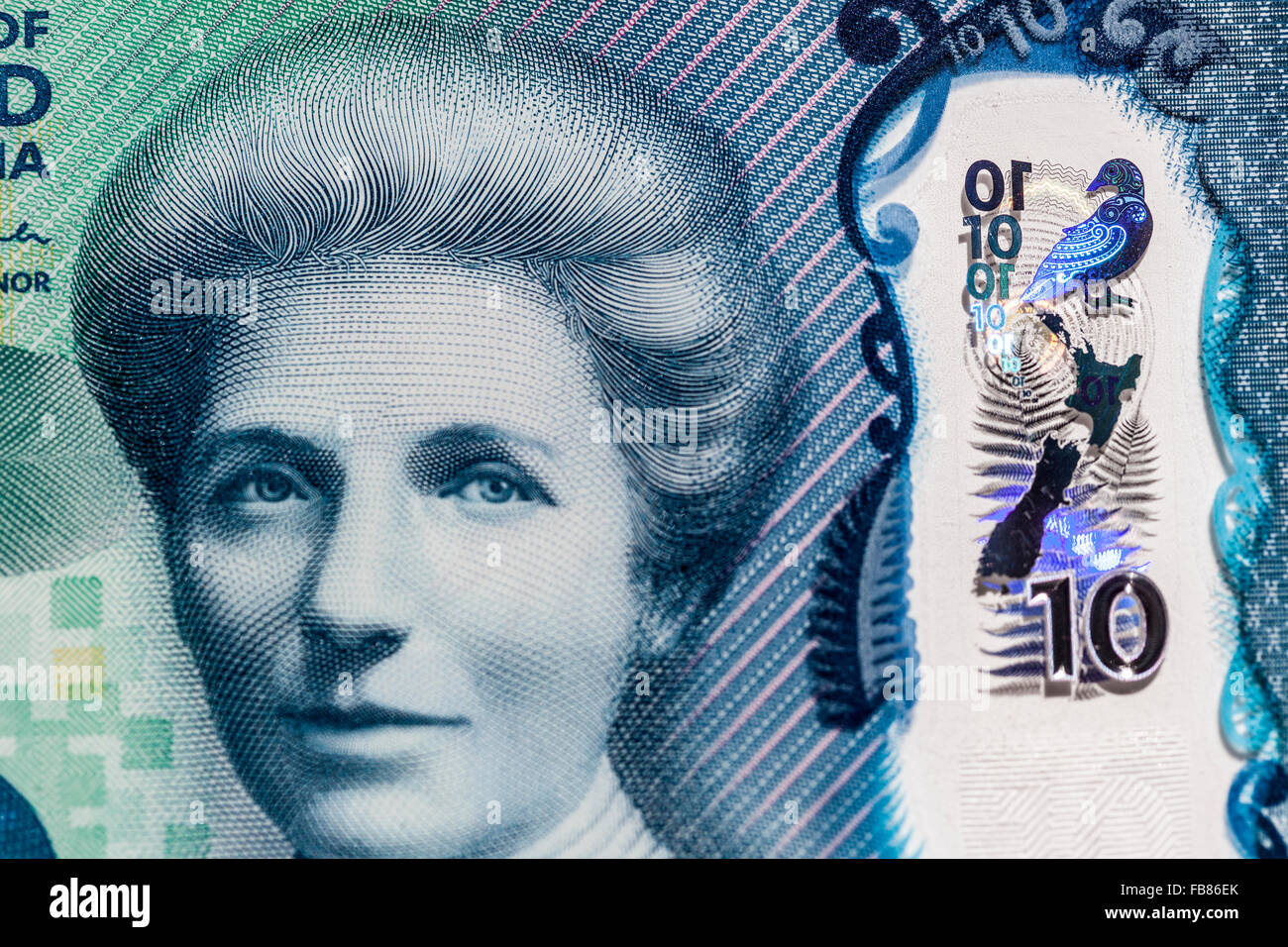 Kate Sheppard auf neue aktualisierte zehn Kiwi-Dollar $10 New Zealand Banknote NZD Stockfoto