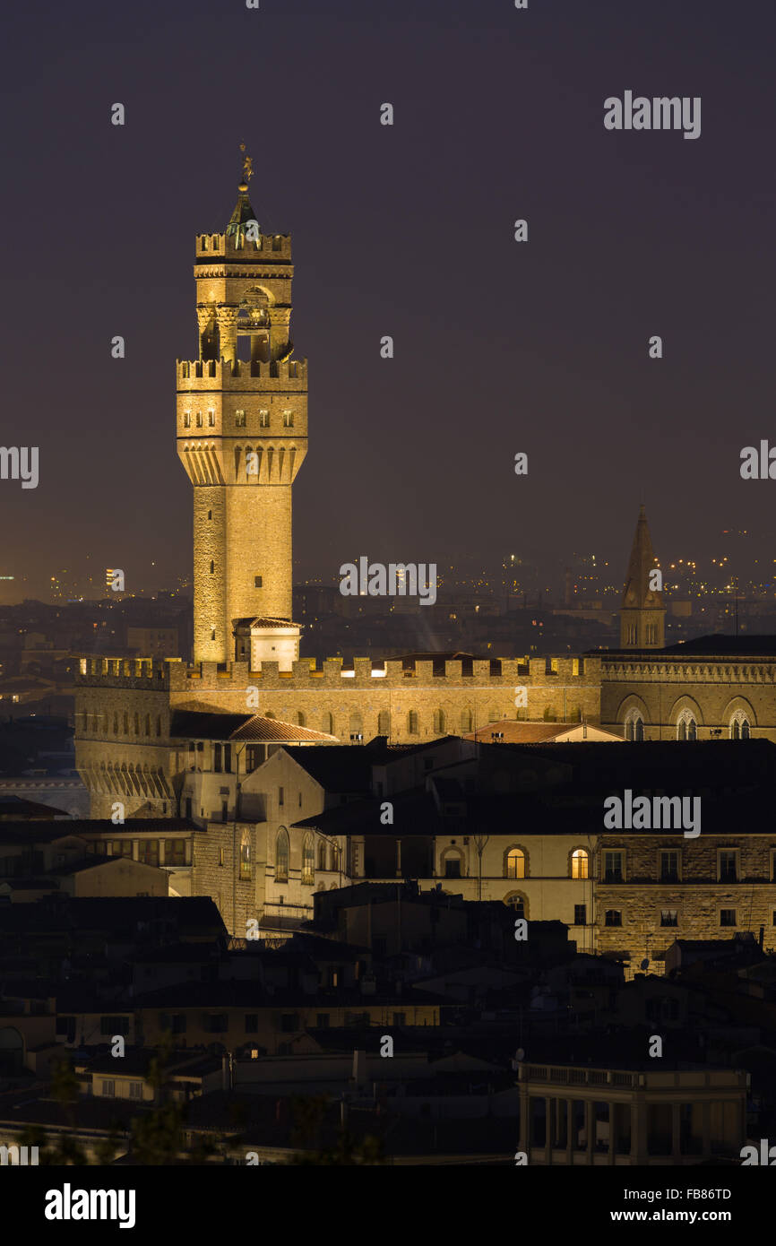 Palazzo Vecchio in der Nacht, Florenz, Toskana, Italien Stockfoto