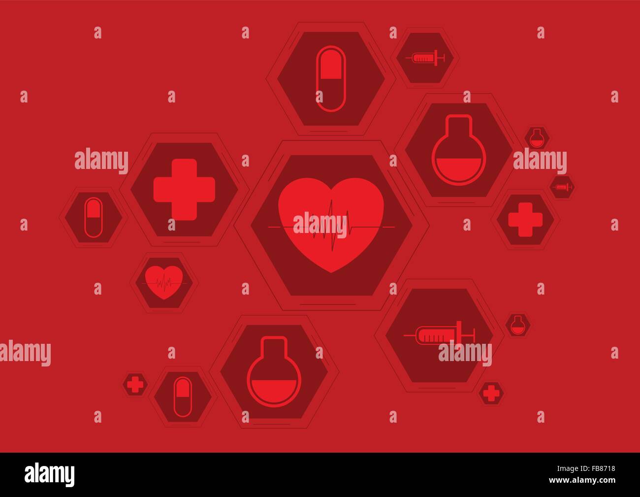 Helle rote Gesundheit Tech Hintergrund mit medizinischen Symbolen. Vektor-Science-design Stock Vektor