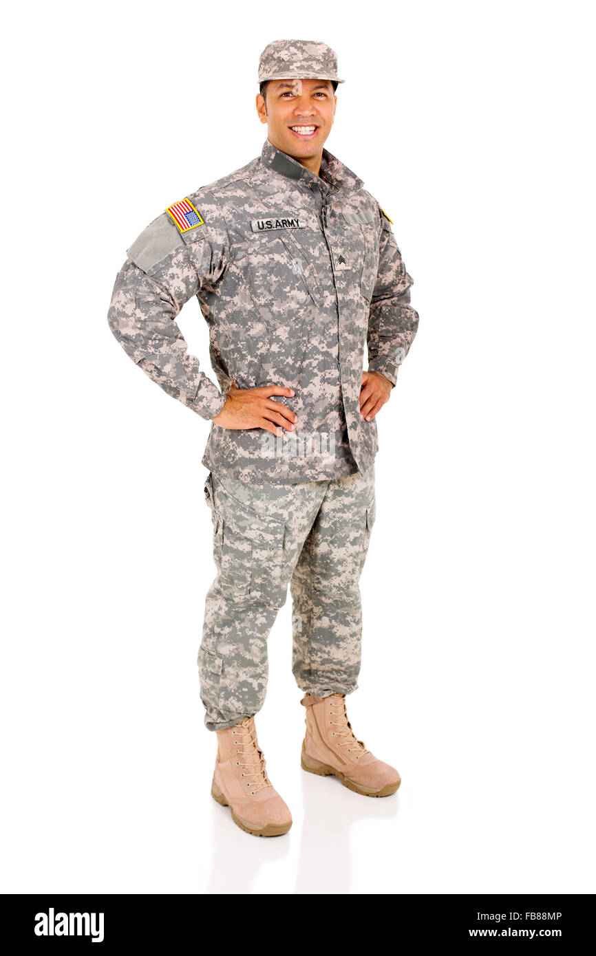 glücklich militärische Serviceman posiert isoliert auf weiss Stockfoto