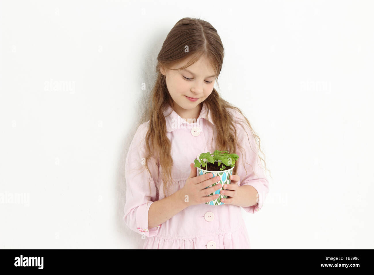 kleine Mädchen Holding Basilikum Stockfoto
