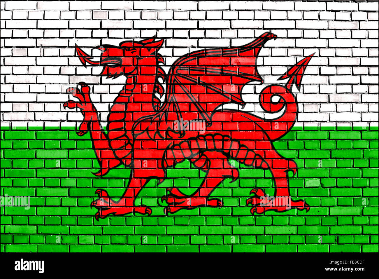 Flagge von Wales auf Mauer gemalt Stockfoto