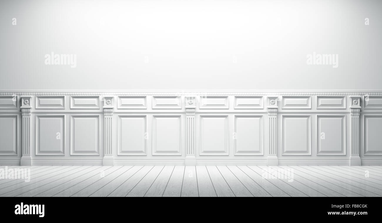 White vintage Interieur mit Wandverkleidung Hintergrund, 3D-Rendering Stockfoto