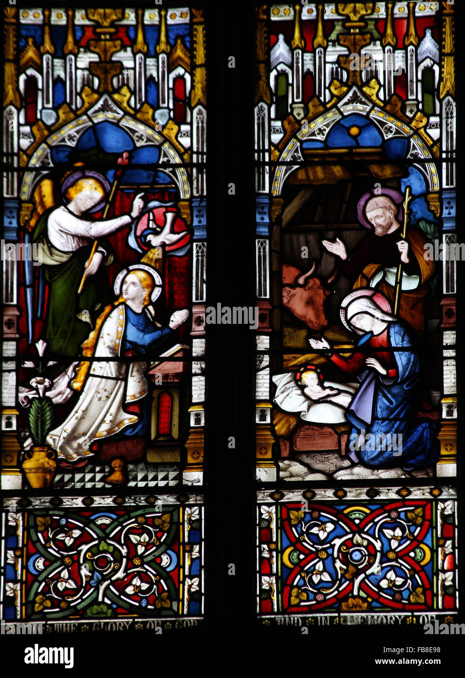 Ostfenster von Lavers, Berraud und Westlake, St.-Peter Kirche, Deene, Northamptonshire; Detail; Geburt und Verkündigung Stockfoto