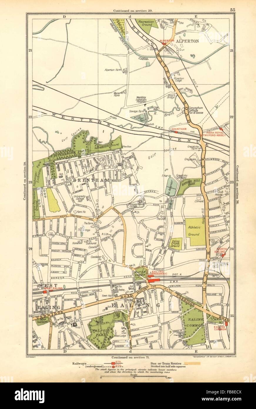 LONDON: Alperton, Brentham, North West Ealing Common Broadway, Park Royal, 1928 Karte Stockfoto