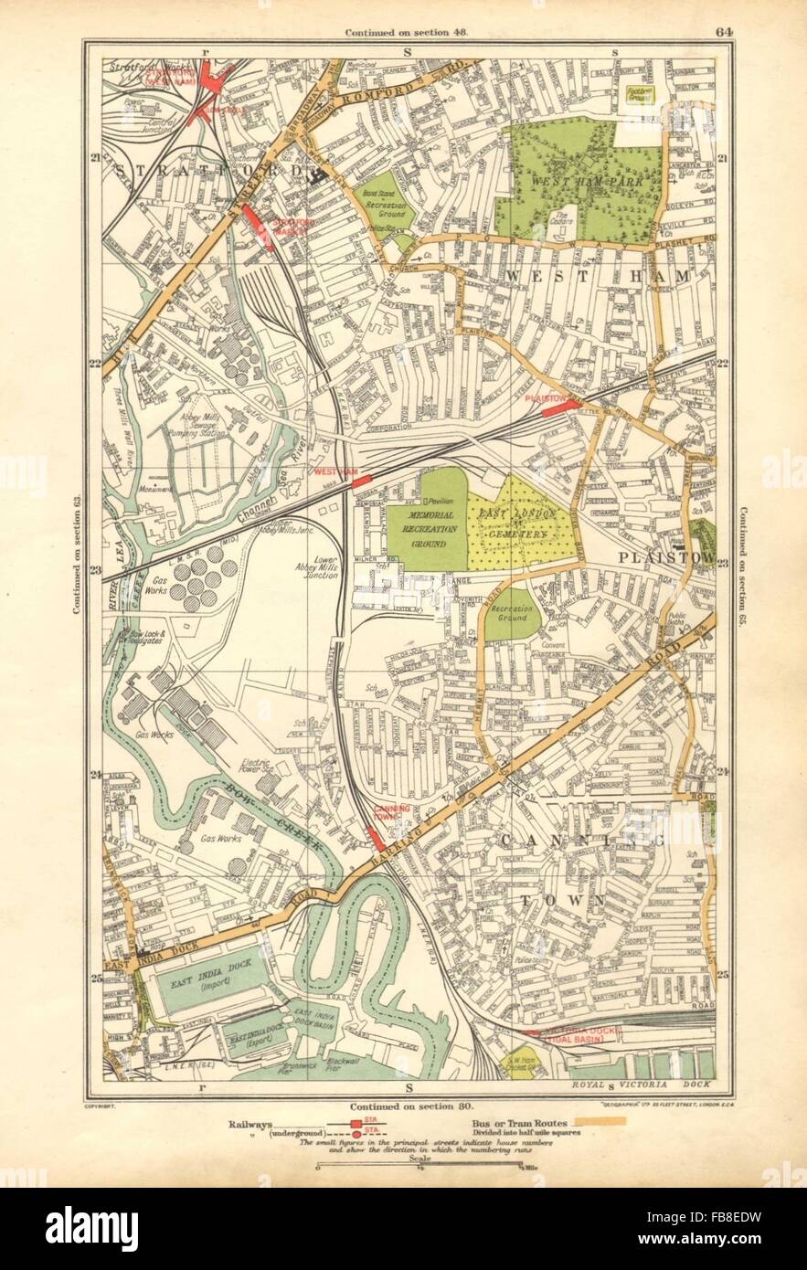 LONDON: Canning Town, Stratford, West Ham, Plaistow, Blackwall, Pappel, 1928 Karte Stockfoto