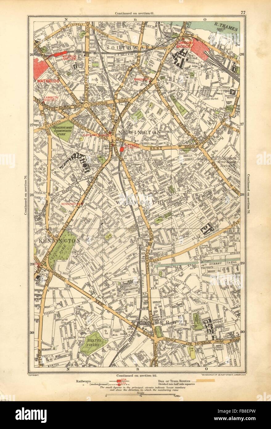 SOUTHWARK: Camberwell, Bermondsey, Lambeth, Kennington, Newington, 1928 Karte Stockfoto