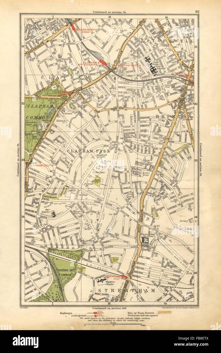 LONDON: Brixton, Clapham, Clapham Park, Stockwell, Wandsworth Road, 1928 Karte Stockfoto