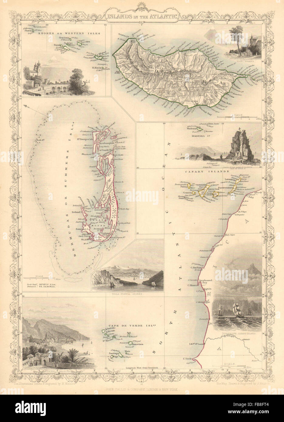 Inseln im Atlantischen Ozean: Bermuda Madeira Canaries.Tenerife Ansicht. TALLIS/RAPKIN, 1851-Karte Stockfoto