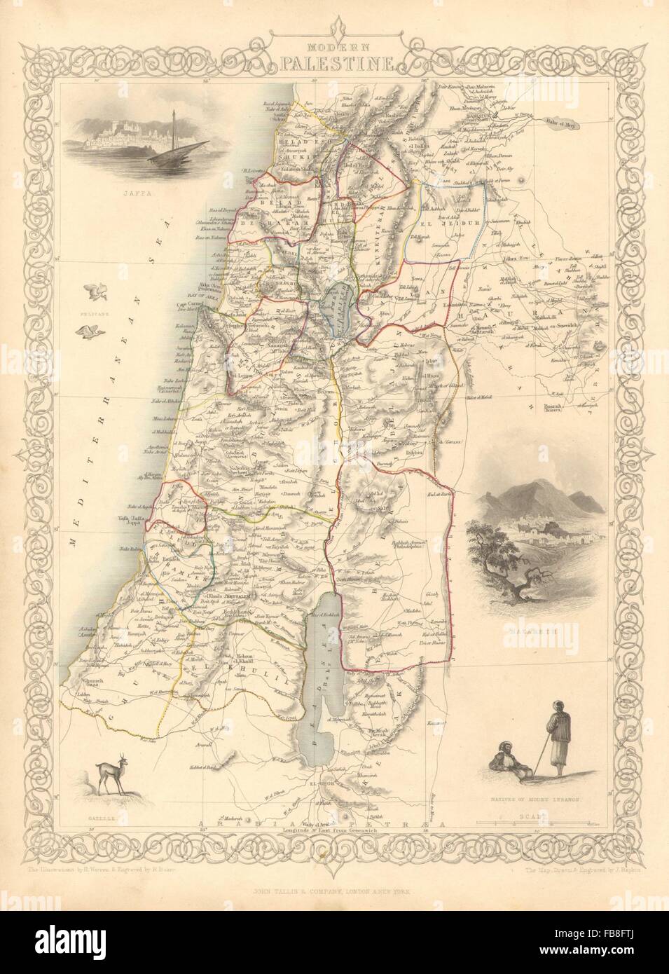 Palästina: Jaffa/Tel Aviv Nazareth Ansichten. Jordan Lebanon.TALLIS/RAPKIN, 1851-Karte Stockfoto