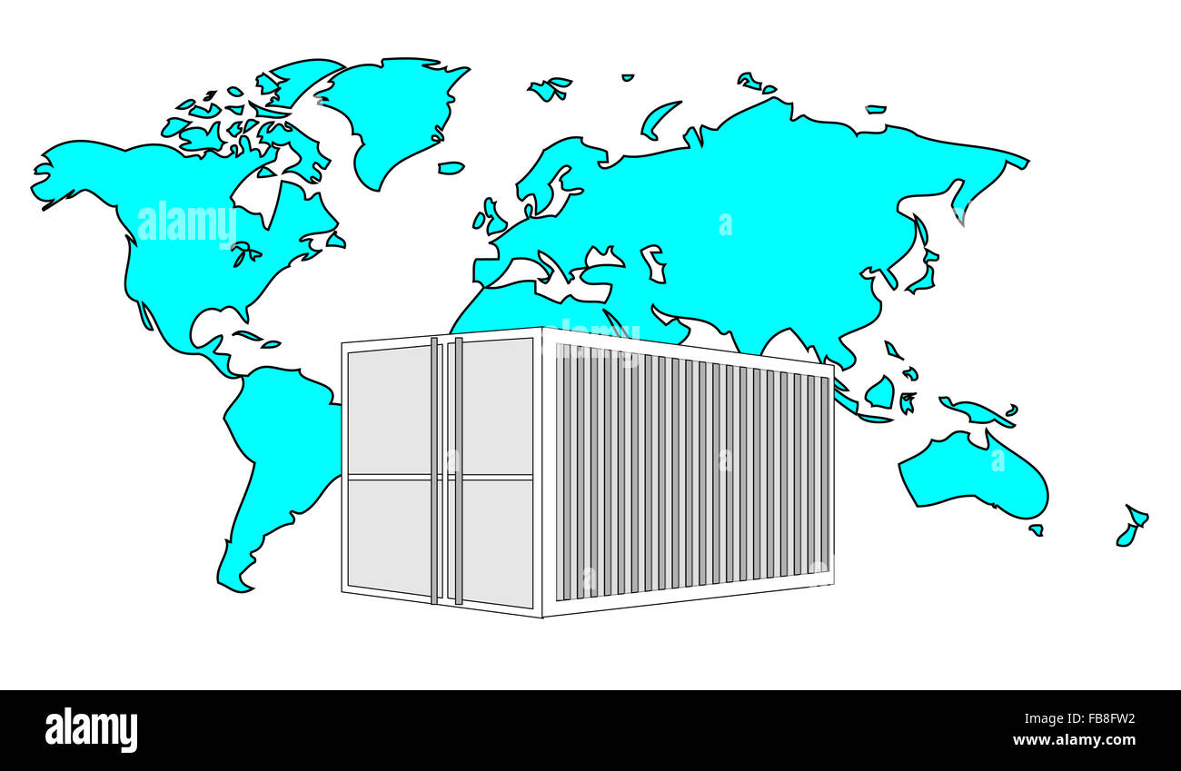 Außenillustration Metall 40 ft-Seecontainer mit leichten blauen Weltkarte Stockfoto