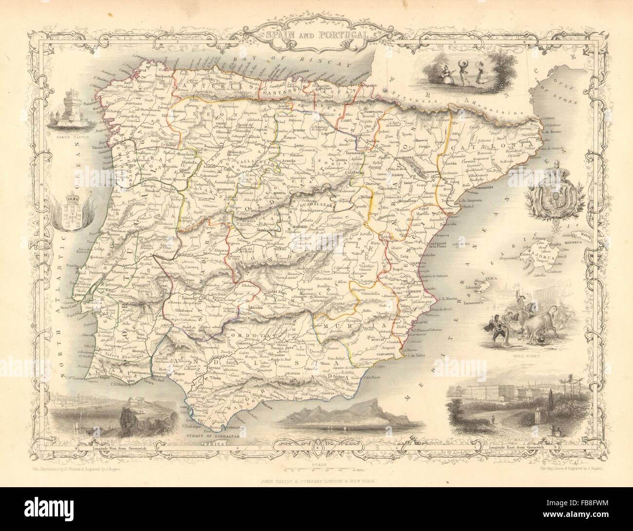 Spanien & PORTUGAL: Madrid-Lissabon-Gibraltar-Ansichten. Iberia TALLIS/RAPKIN, 1851-Karte Stockfoto