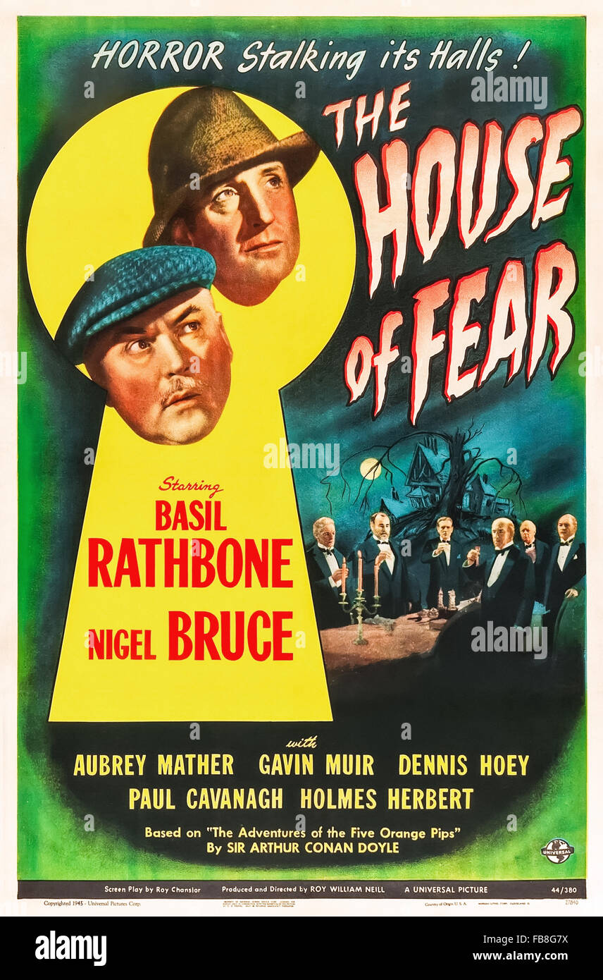 Plakat für "The House of Fear" 1944 Sherlock Holmes Film unter der Regie von Roy William Neill und Darsteller Basil Rathbone (Holmes); Nigel Bruce (Watson) und Dennis Hoey (Inspector Lestrade). Siehe Beschreibung für mehr Informationen. Stockfoto