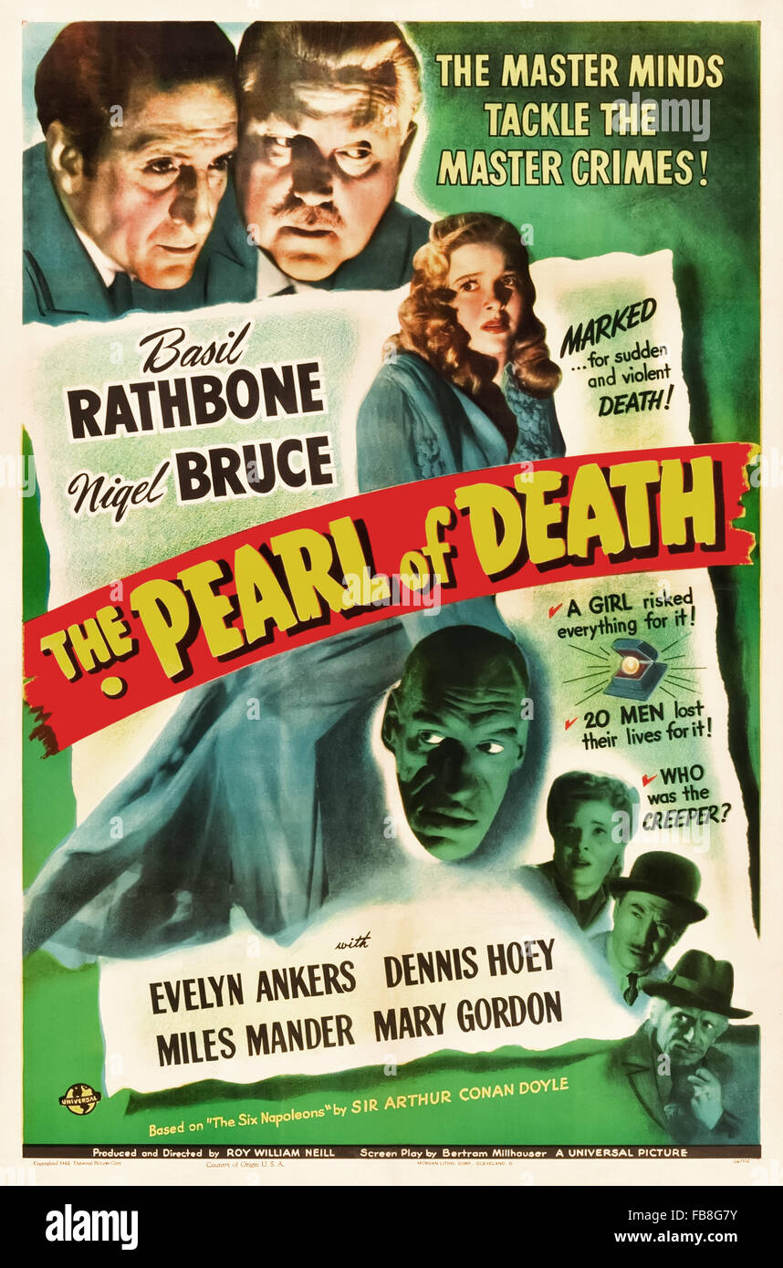 Plakat für "The Pearl of Death" 1944 Sherlock Holmes Film unter der Regie von Roy William Neill und Darsteller Basil Rathbone (Holmes); Nigel Bruce (Watson) und Evelyn Anker (Naomi Drake). Siehe Beschreibung für mehr Informationen. Stockfoto
